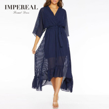 Navy Wrap Belted Dip Hem Midi Sleeve Soiree Midi Chiffon Dress